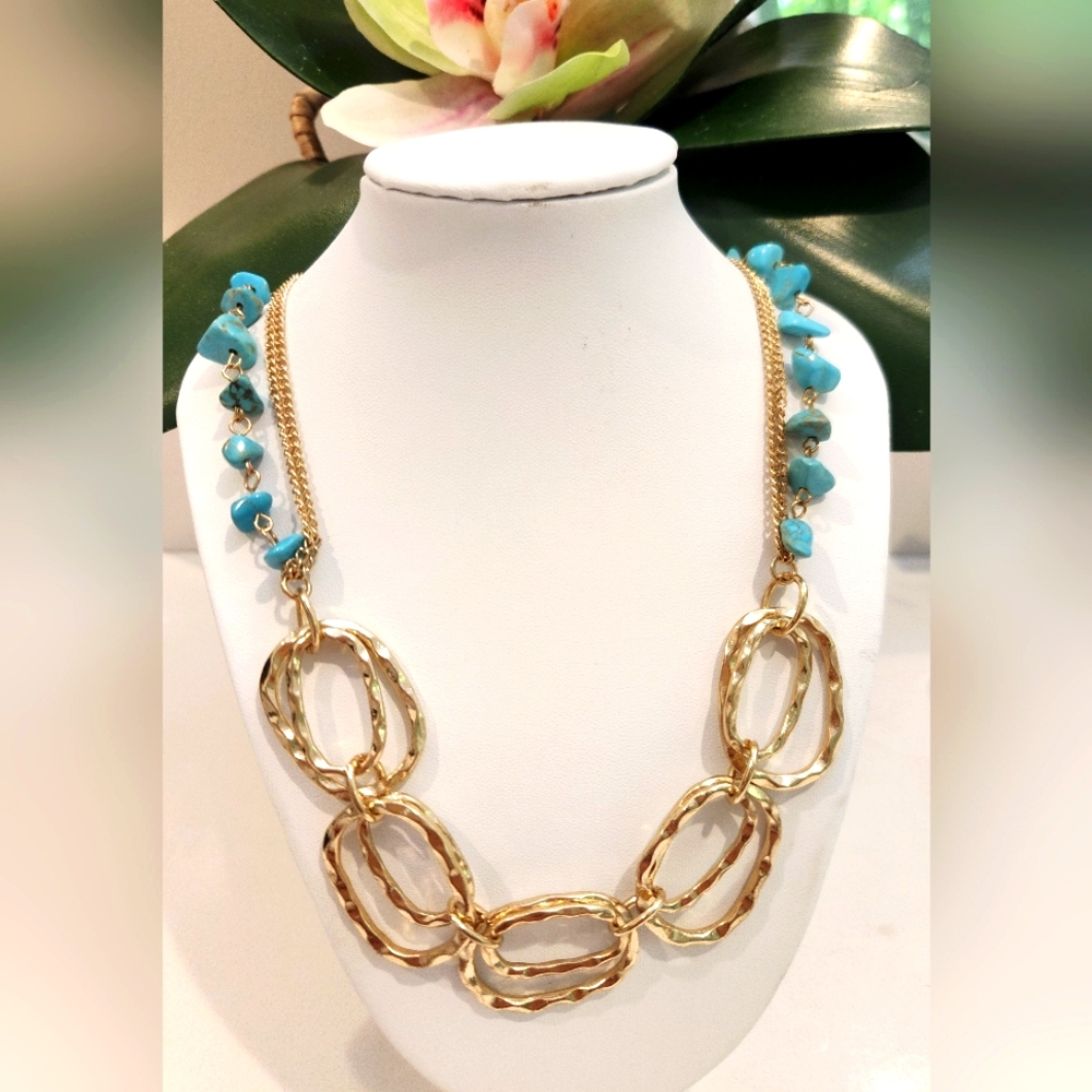 Faux Turquoise And Gold Tone Necklace